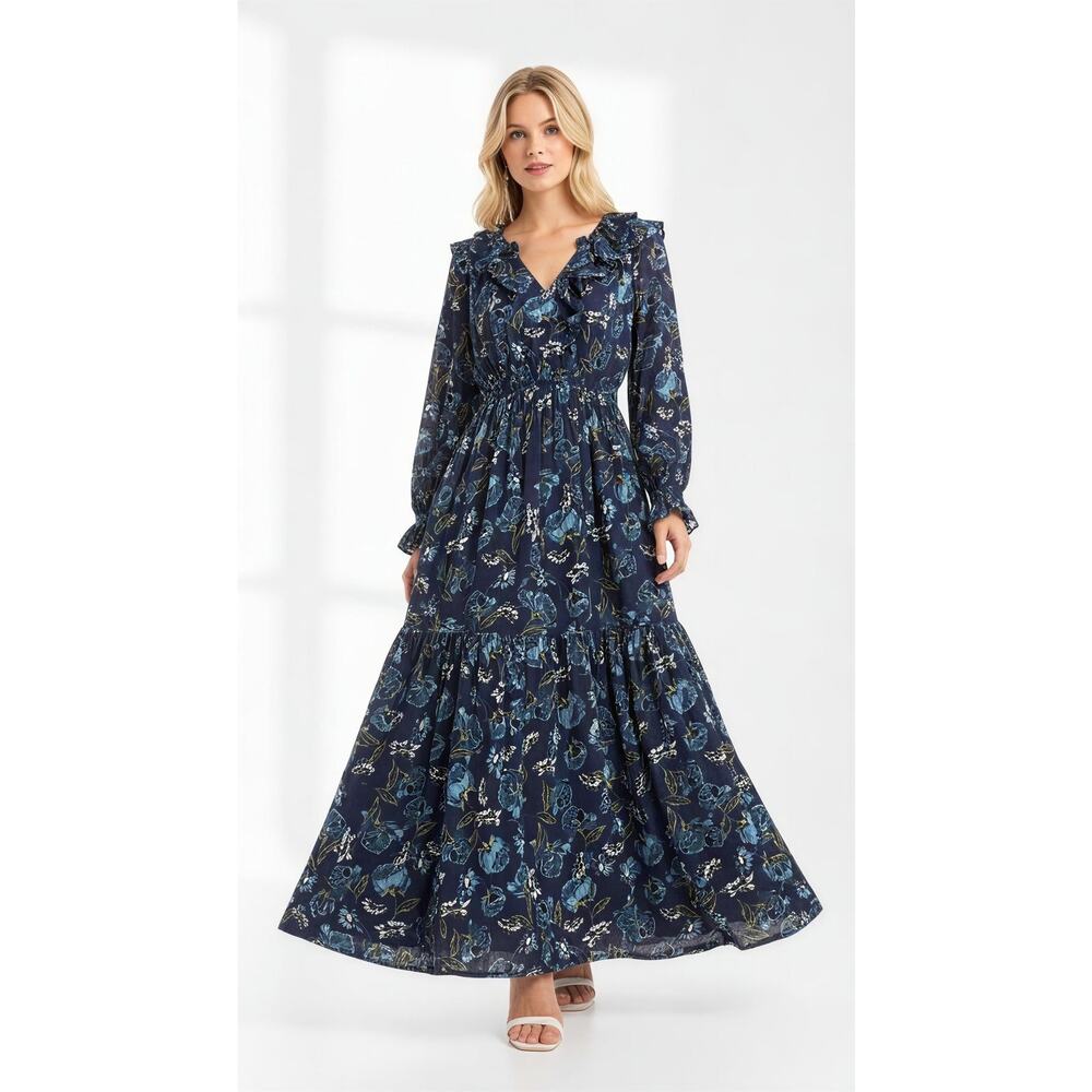 On 34th Women's Long Sleeve V-Neck Maxi Dress Floral Intrepid Blue Size L